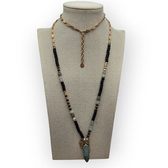 Gold & Black Beaded Green Druzy Pendant Stella & Dot Necklace - Picture 1 of 8